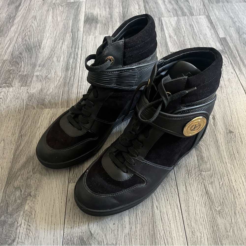 Authentic Louis Vuitton Black High-Top Sneakers with Gold Accent - Picture 2 of 13